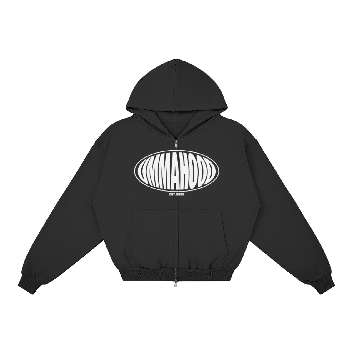 Ummahood Studios black boxy zip-up hoodie featuring a white UMMAHOOD crest on the chest and kangaroo pocket.