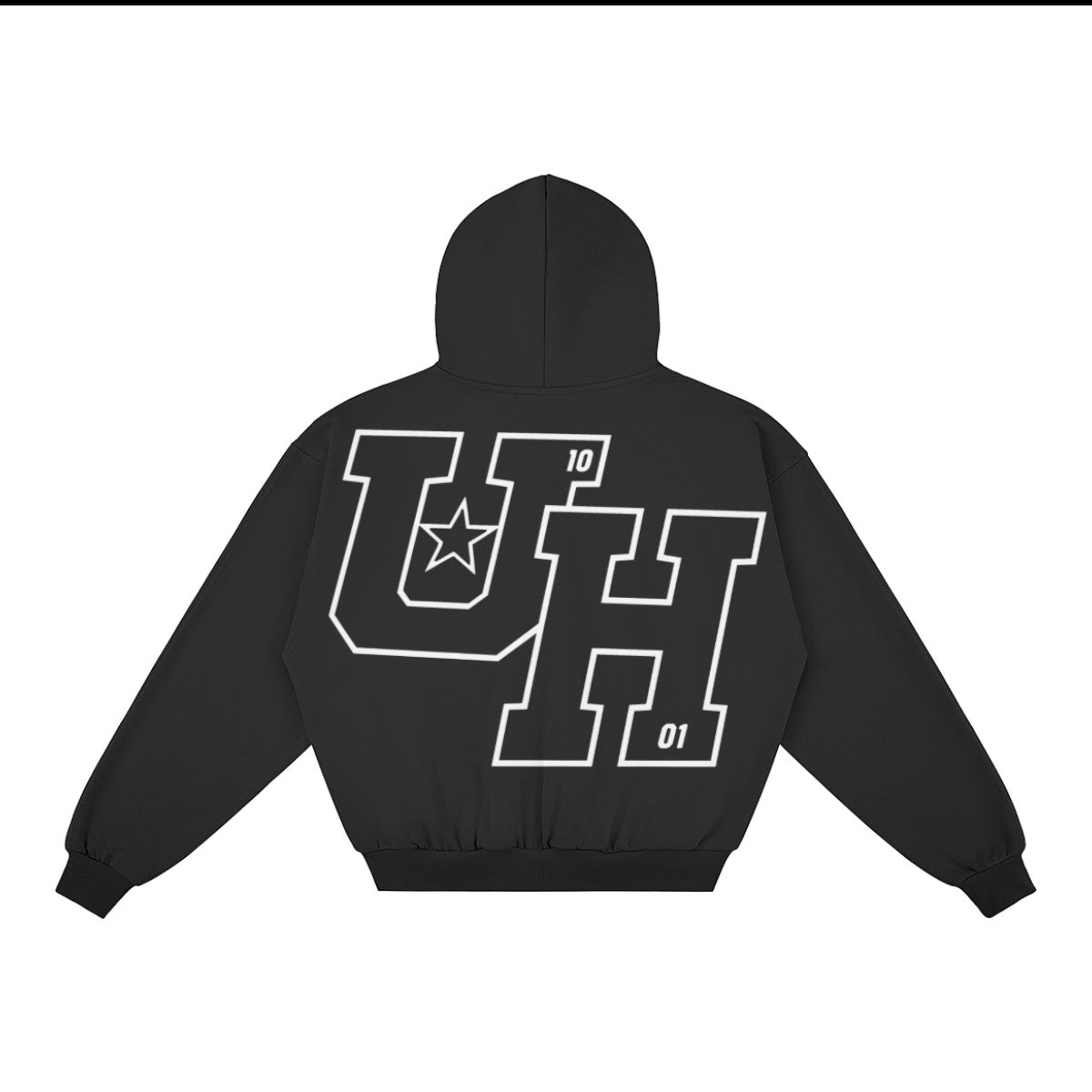 Ummahood Studios black cotton zip-up hoodie featuring a large white UH varsity graphic on the back
