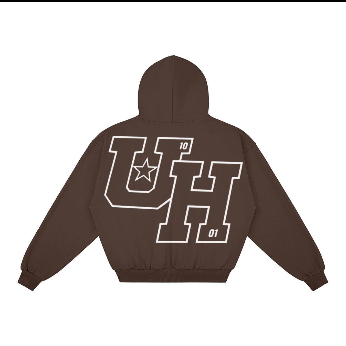 Ummahood Studios brown boxy zip-up hoodie featuring a large white UH varsity graphic on the back