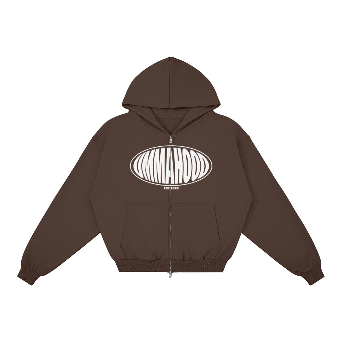 Ummahood Studios brown cotton zip-up hoodie with a white UMMAHOOD crest logo on the chest and a boxy fit.