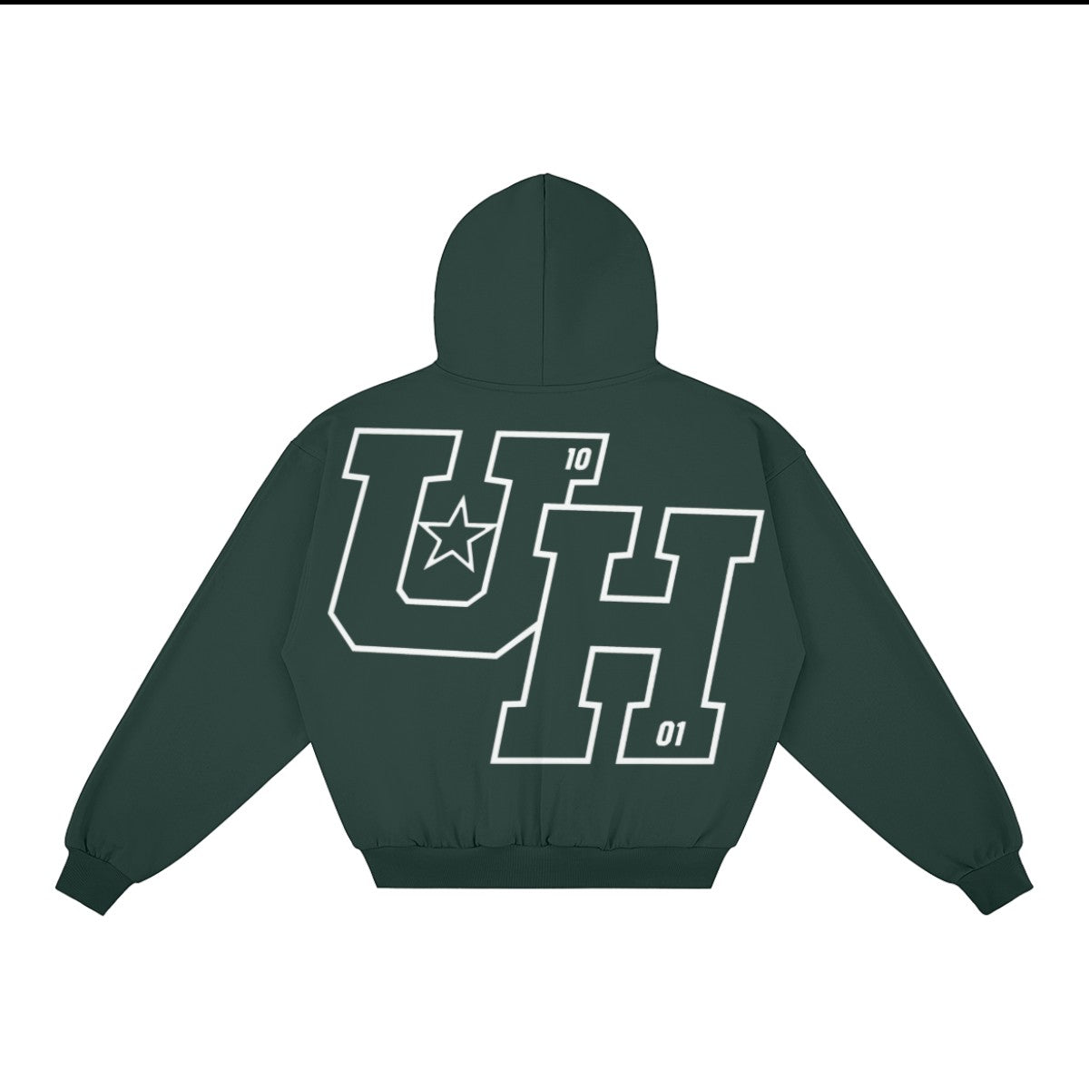 Ummahood Studios dark green boxy zip-up hoodie featuring a large white UH varsity logo on the back
