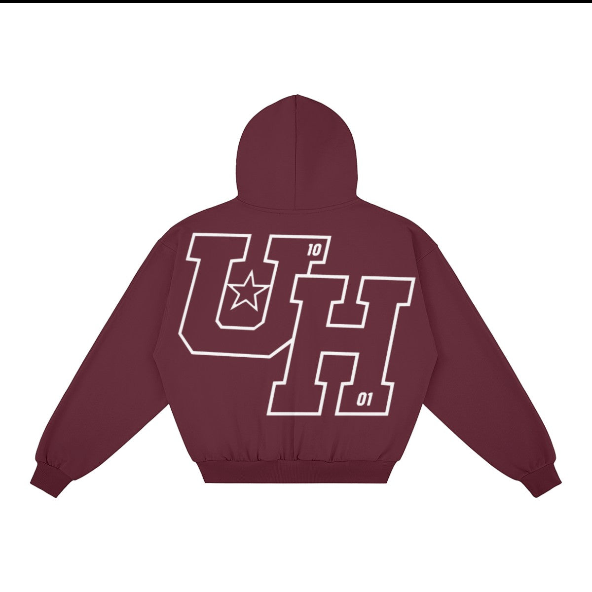 Ummahood Studios maroon cotton zip-up hoodie with white UH varsity logo on the back and drop shoulder boxy fit