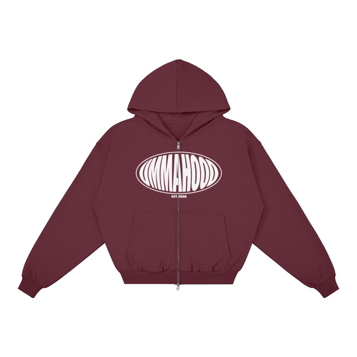 Ummahood Studios maroon zip-up hoodie with white oval UMMAHOOD crest logo on chest and boxy fit