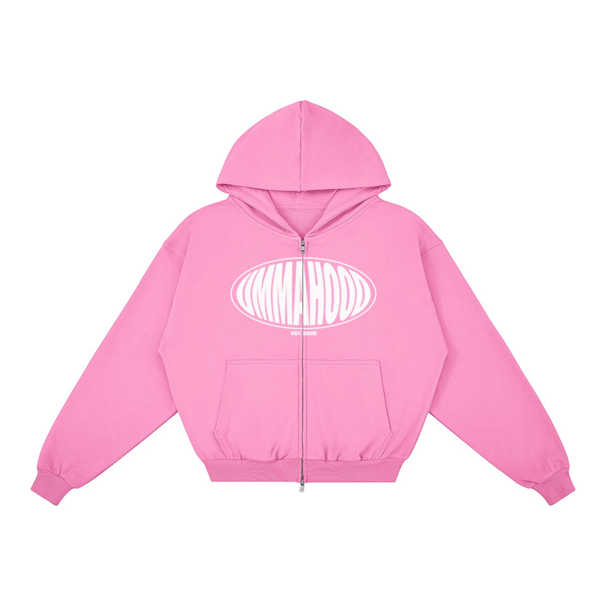 Ummahood Studios pink boxy zip-up hoodie with white UMMAHOOD crest logo on the chest and kangaroo pocket