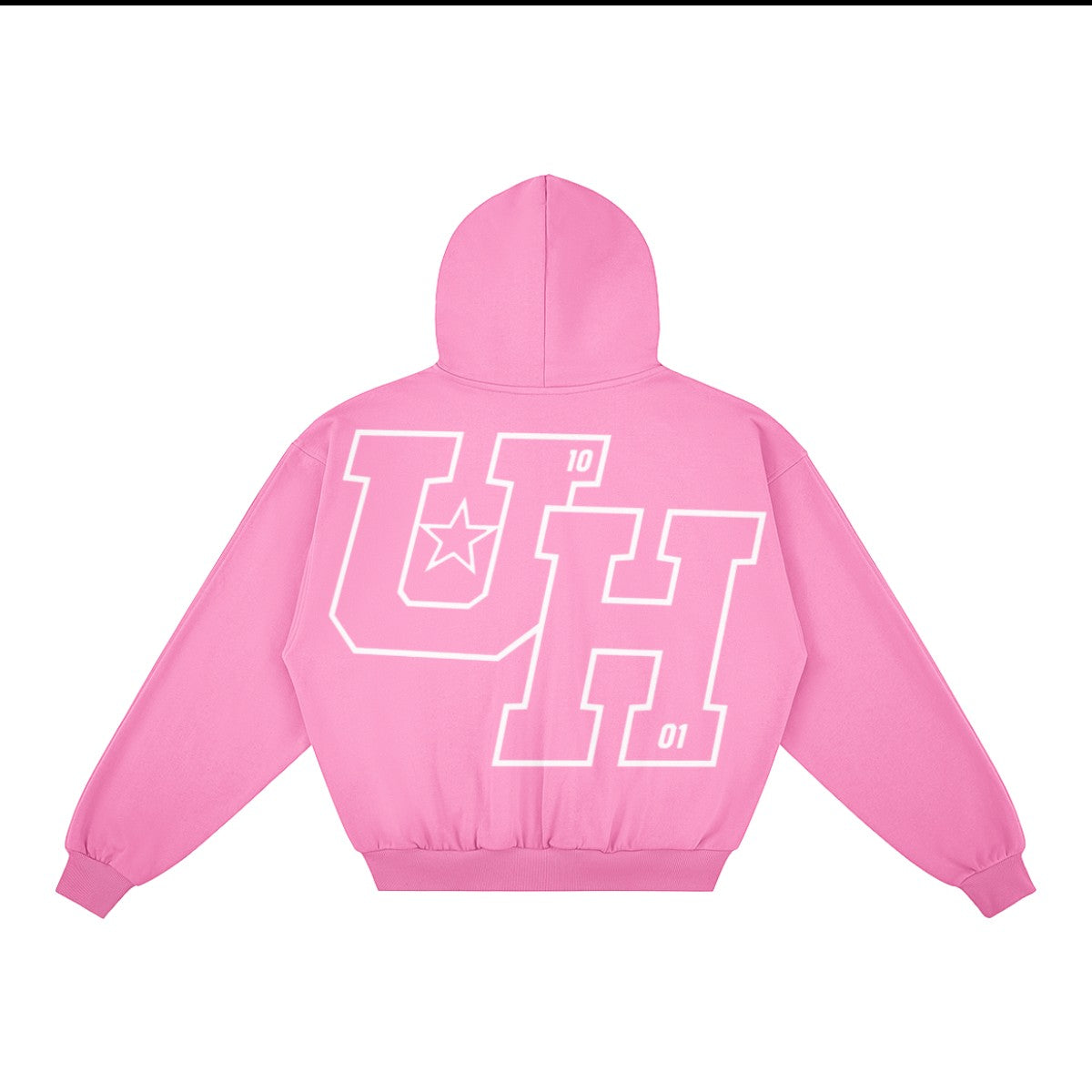 Ummahood Studios pink cotton zip-up hoodie featuring a large white UH varsity logo on the back