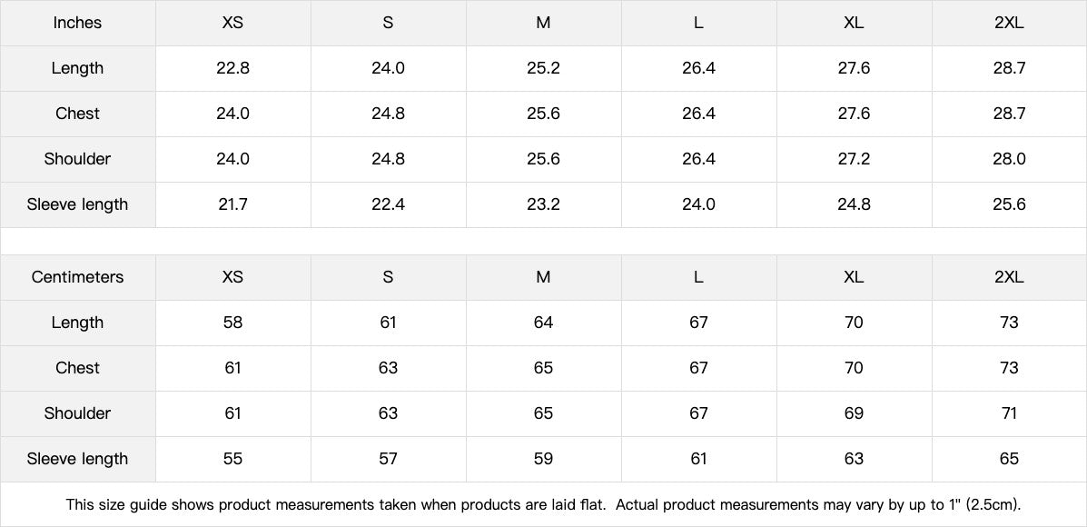 Ummahood Studios size guide table showing length, chest, shoulder, and sleeve measurements in inches and centimeters.